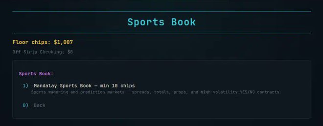 A terminal menu headed Sports Book with one entry, Mandalay Sports Book, minimum 10 chips, described as spreads, totals, props and yes or no contracts, and a Back option.
