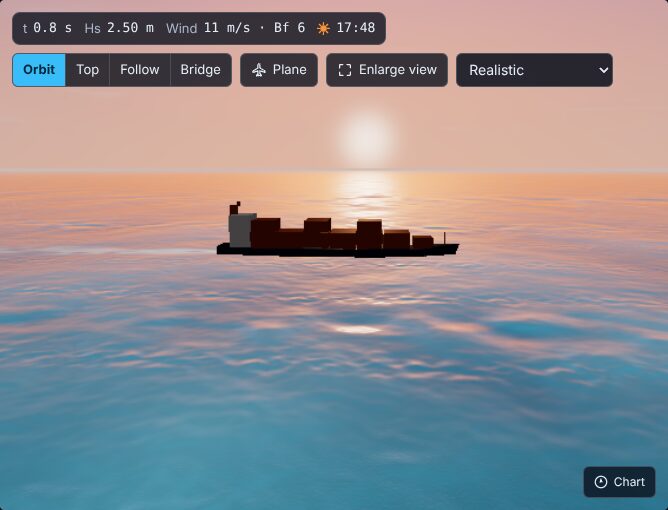 The same container ship and sunset sea as the previous view, but the sun is a smaller, crisper disc with no glow spreading across the ship, and the water glints less strongly.