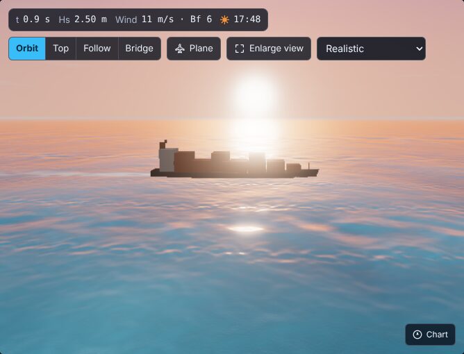 A container ship seen from low over a pink and orange sunset sea. A bright sun glows near the horizon and a column of glare runs down the water toward the viewer. Controls for camera mode and view size sit at the top.