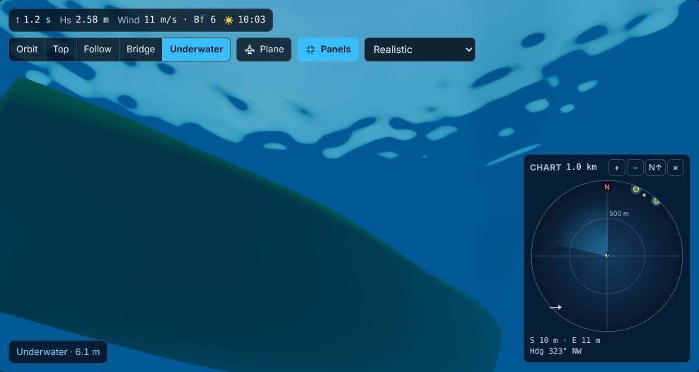 A view from under the water. A dark green ship hull runs diagonally across the lower left. Above it, the bright rippled underside of the sea surface shows foam patches against deep blue water. A small round chart sits at the lower right.